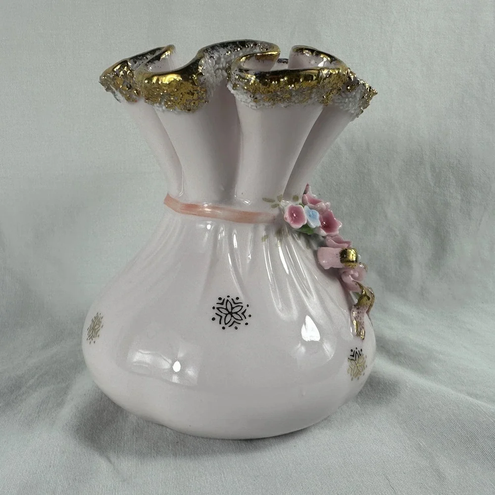 Vtg Lefton Pink Pouch Purse Vase Applied Flowers Forget-Me-Nots Gold Trim Mint